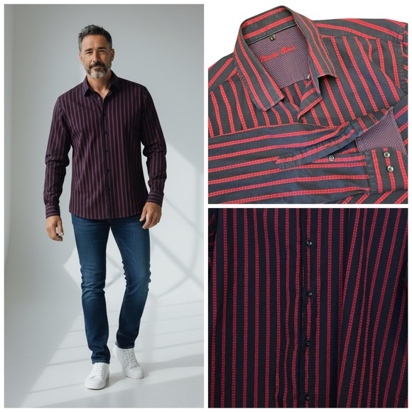 Visconti Black Other - Visconti Black Navy Red Stripe Contrast Trim Button Down Long Sleeve Shirt Sz L